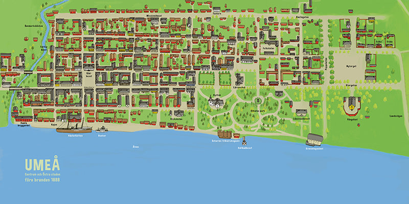 Konsttryck Karta Umeå före branden 1888